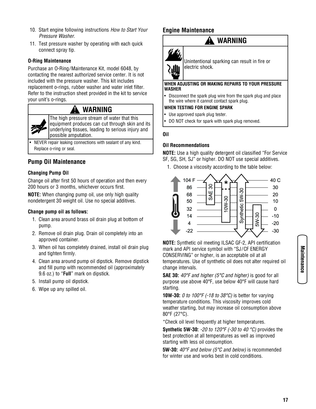 Briggs & Stratton 020324-0 manual Pump Oil Maintenance, Engine Maintenance 