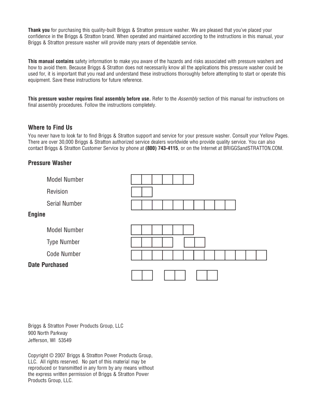 Briggs & Stratton 020324-0 manual Where to Find Us, Pressure Washer, Engine, Date Purchased 