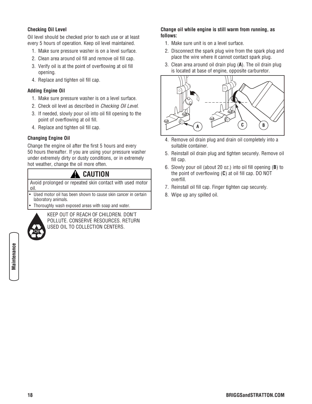 Briggs & Stratton 020324-0 manual Checking Oil Level, Adding Engine Oil, Changing Engine Oil 