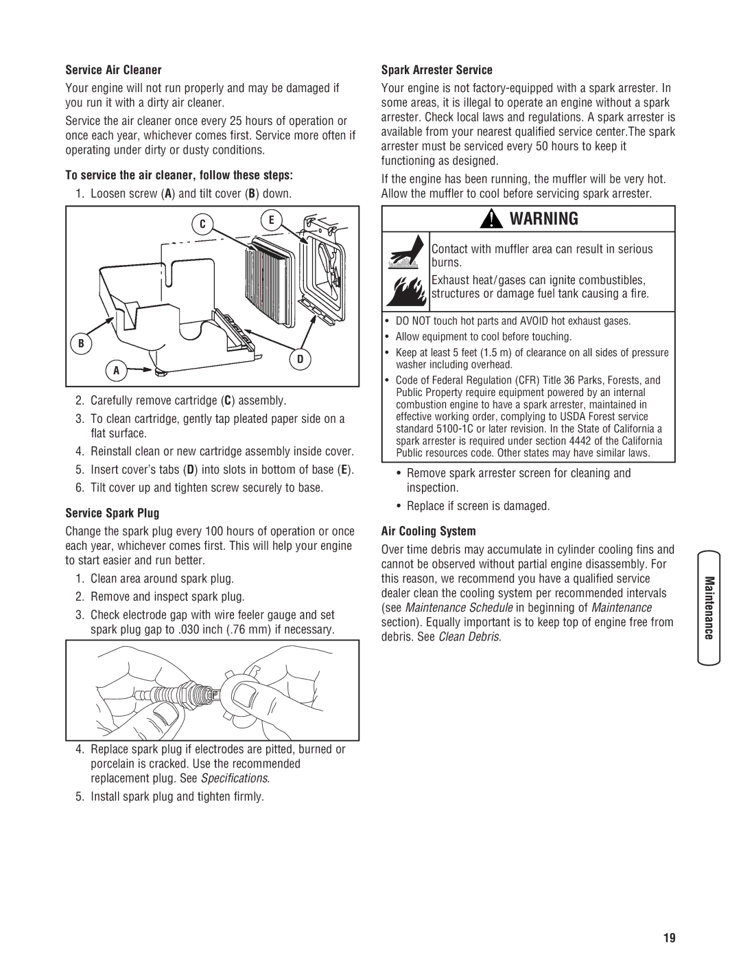 Briggs & Stratton 020324-0 manual Service Air Cleaner, To service the air cleaner, follow these steps, Service Spark Plug 