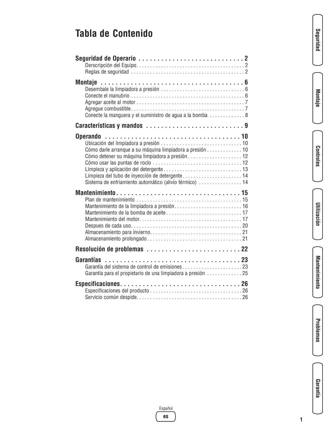 Briggs & Stratton 020324-0 manual Seguridad de Operario, Montaje, Características y mandos Operando, Mantenimiento 