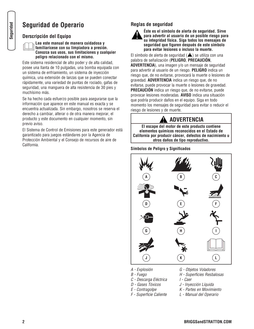 Briggs & Stratton 020324-0 manual Seguridad de Operario, Derscripción del Equipo, Reglas de seguridad 