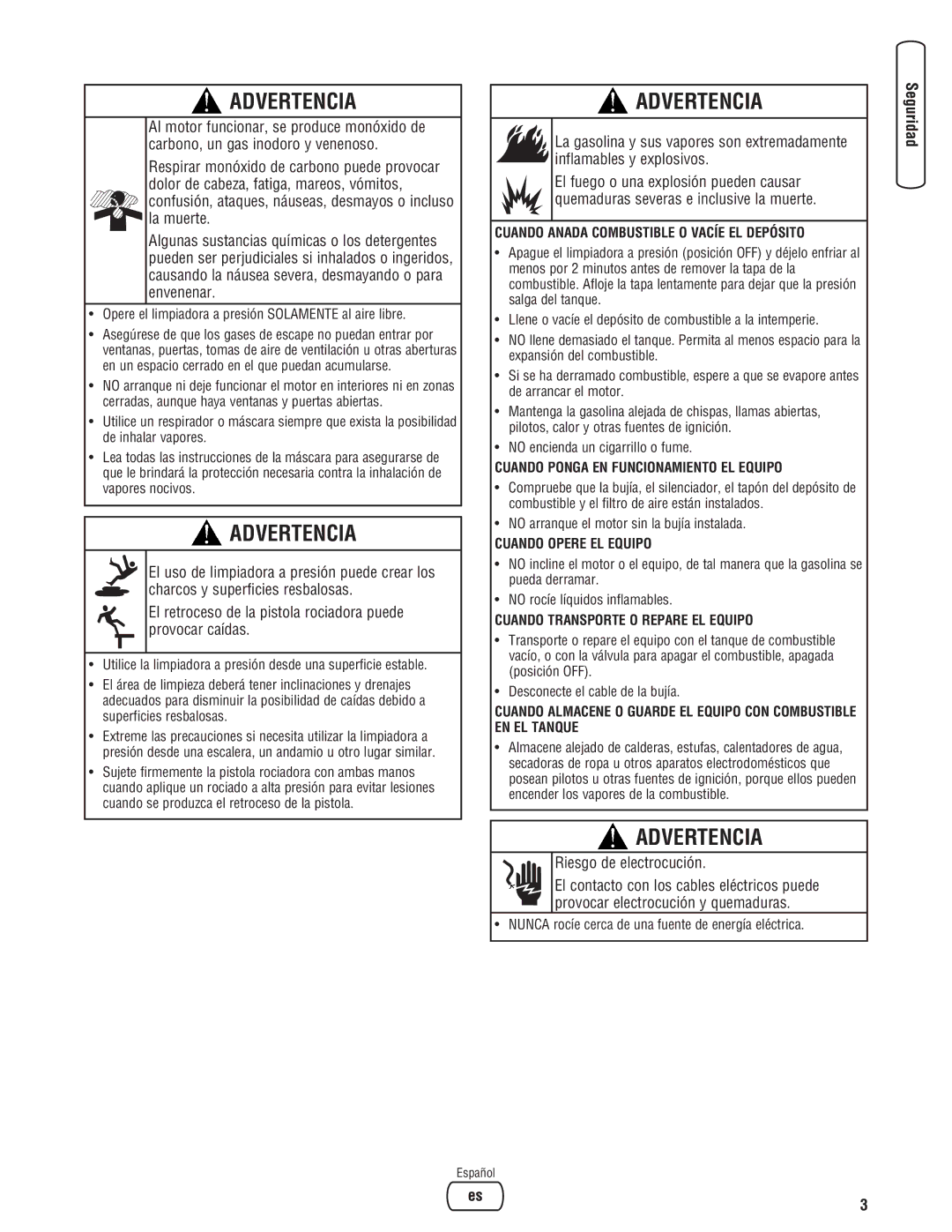 Briggs & Stratton 020324-0 manual Riesgo de electrocución, Opere el limpiadora a presión Solamente al aire libre 