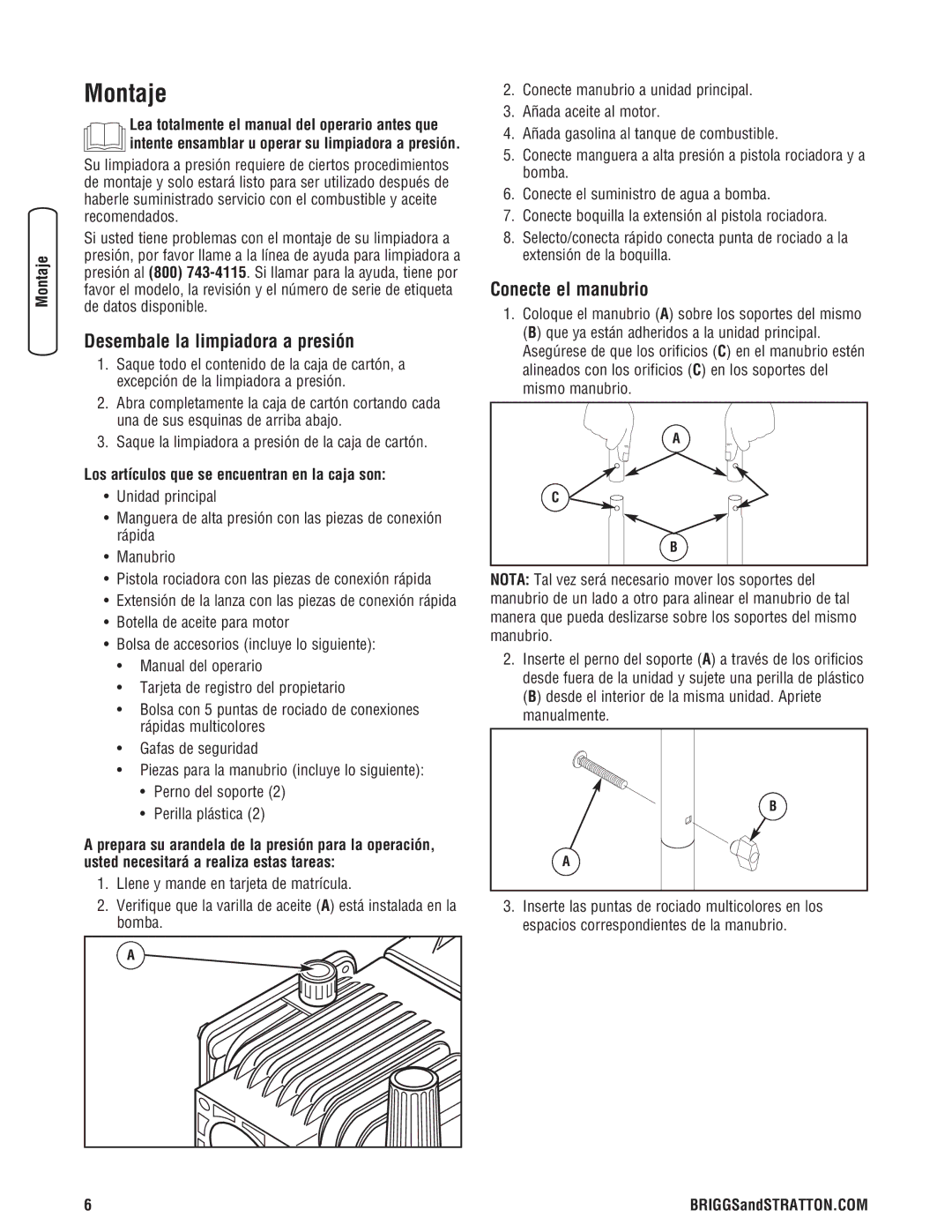 Briggs & Stratton 020324-0 manual Montaje, Desembale la limpiadora a presión, Conecte el manubrio, BRIGGSandSTRATTON.COM 