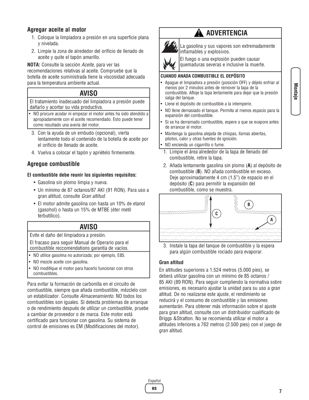 Briggs & Stratton 020324-0 manual Agregar aceite al motor, Agregue combustible, Evite el daño del limpiadora a presión 