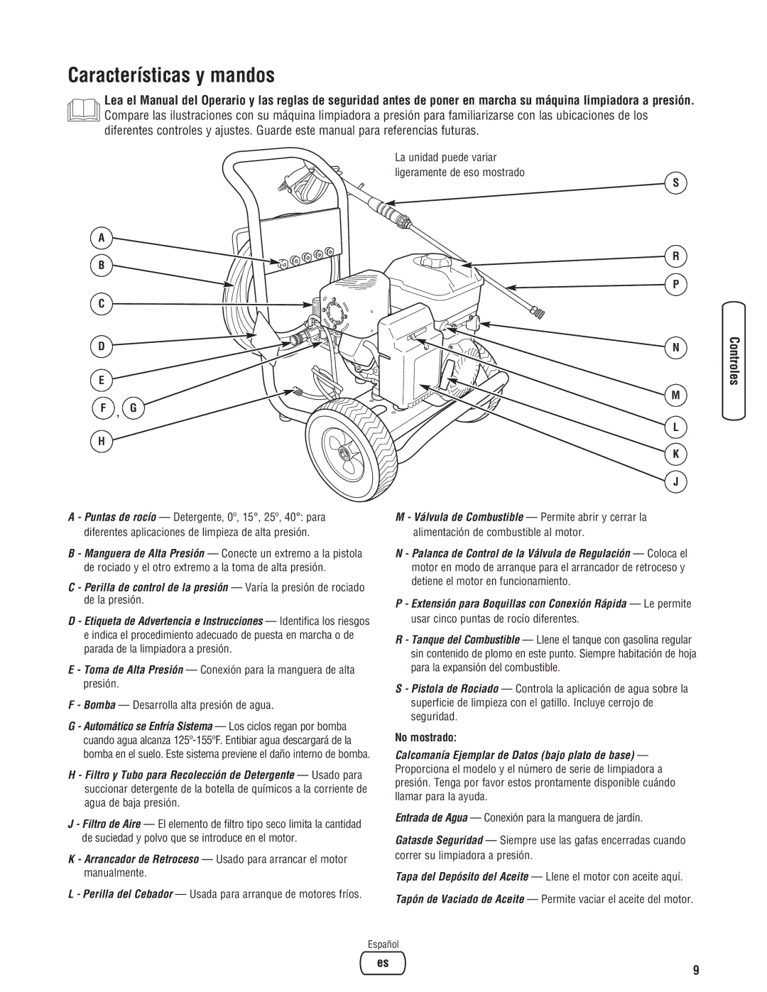 Briggs & Stratton 020324-0 manual Características y mandos, Bomba Desarrolla alta presión de agua 