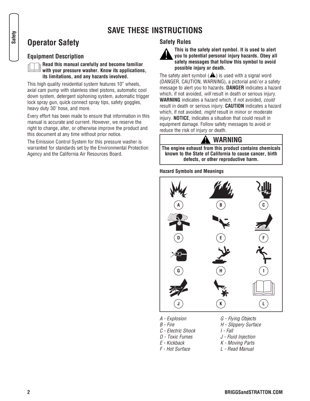 Briggs & Stratton 020324-0 manual Operator Safety, Equipment Description, Safety Rules, Hazard Symbols and Meanings 