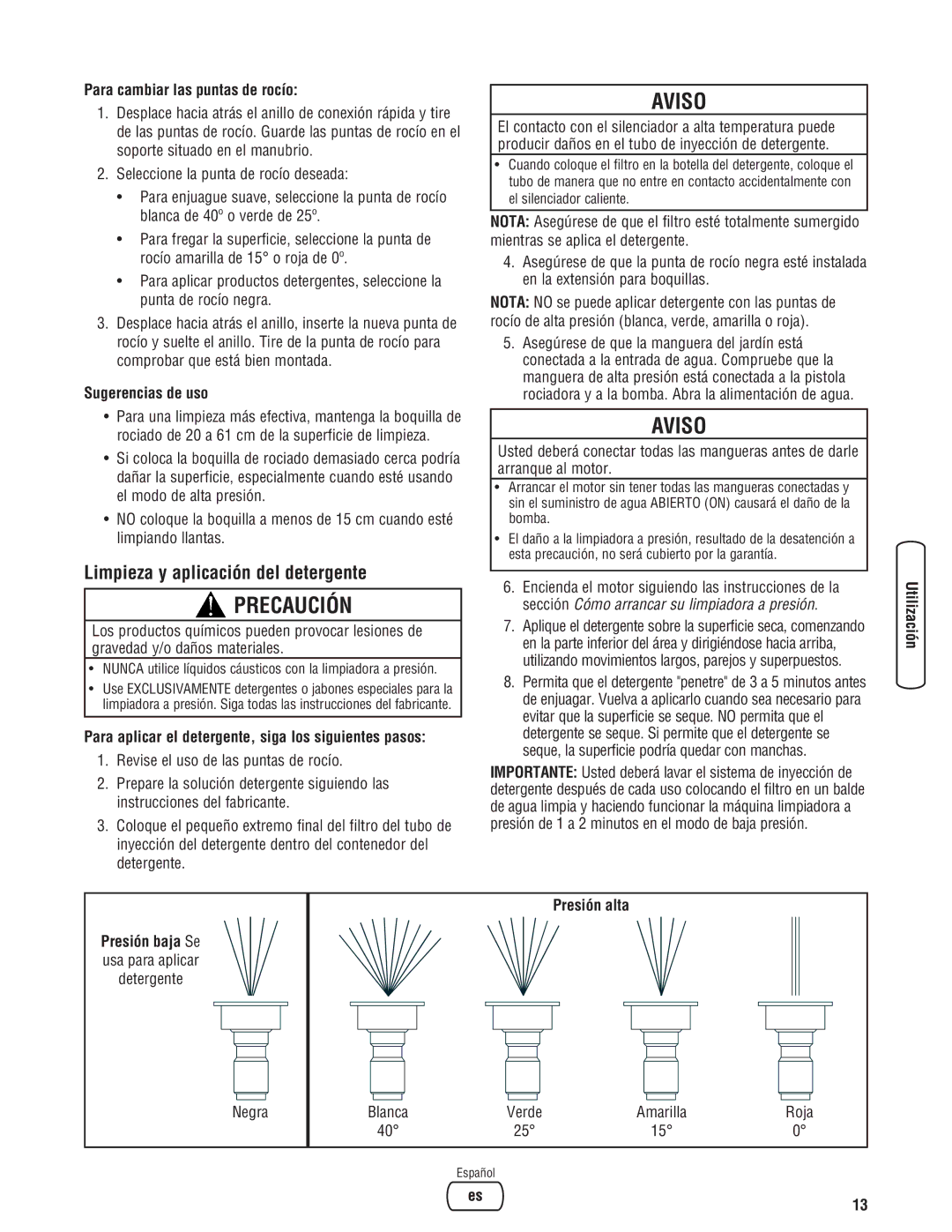 Briggs & Stratton 020324-0 Limpieza y aplicación del detergente, Para cambiar las puntas de rocío, Sugerencias de uso 