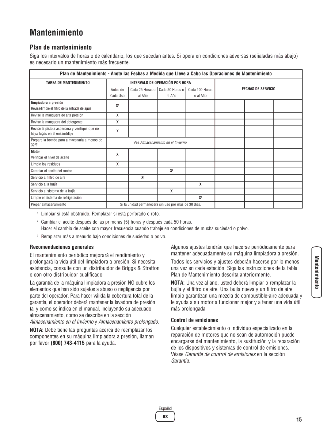 Briggs & Stratton 020324-0 manual Mantenimiento, Plan de mantenimiento, Recomendaciones generales, Control de emisiones 