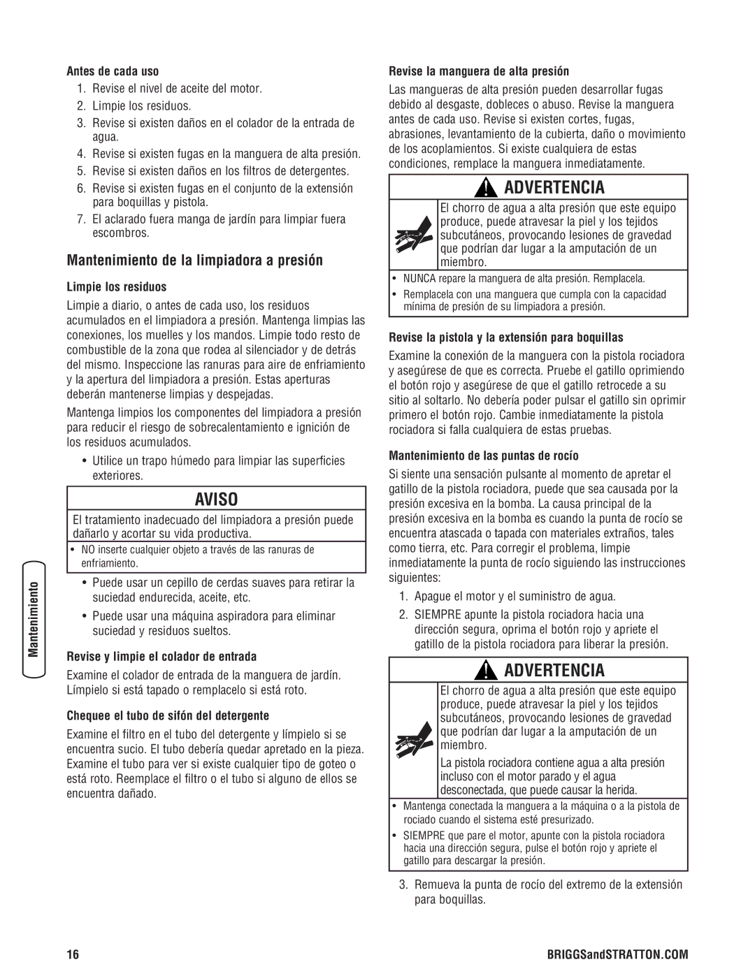 Briggs & Stratton 020324-0 manual Mantenimiento de la limpiadora a presión 