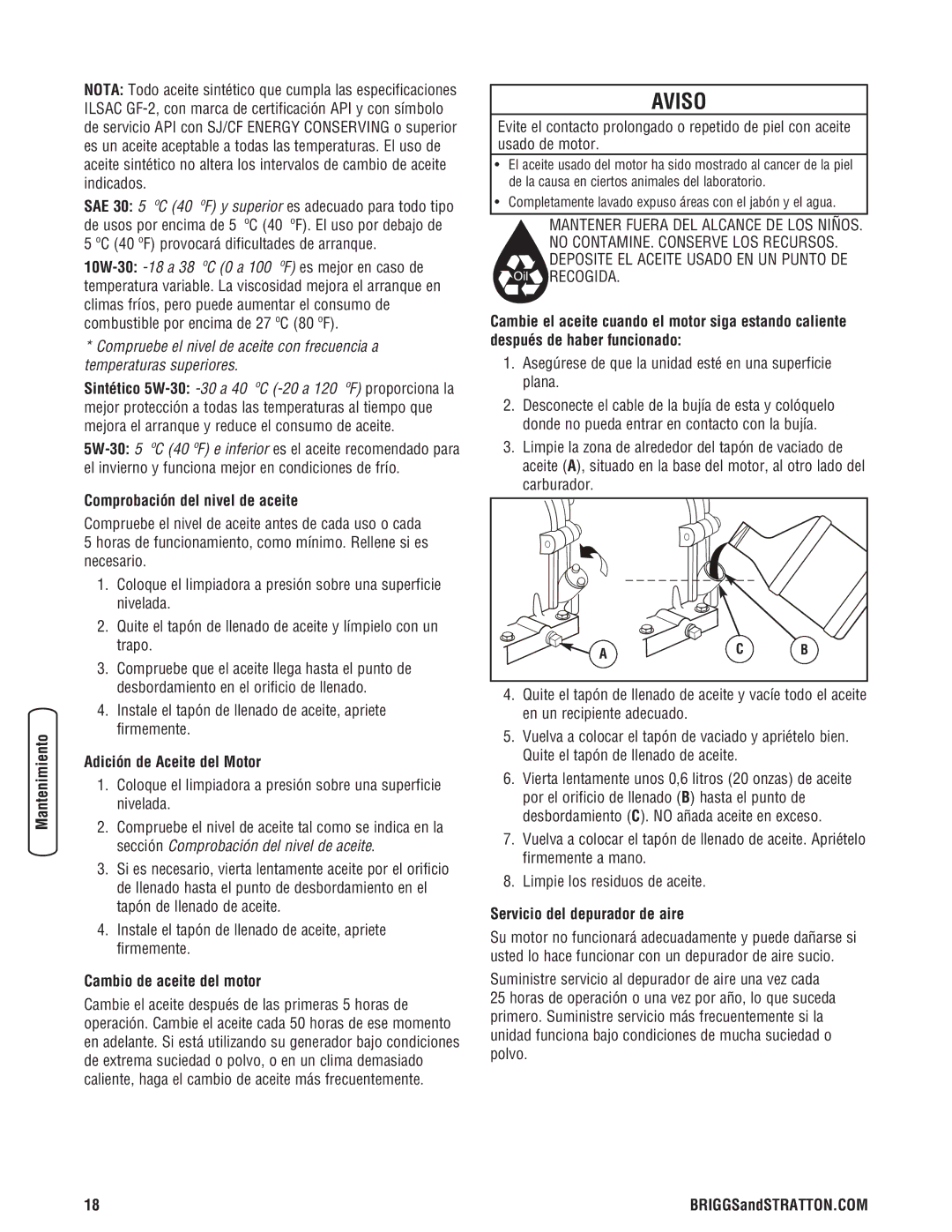 Briggs & Stratton 020324-0 manual Comprobación del nivel de aceite, Adición de Aceite del Motor, Cambio de aceite del motor 