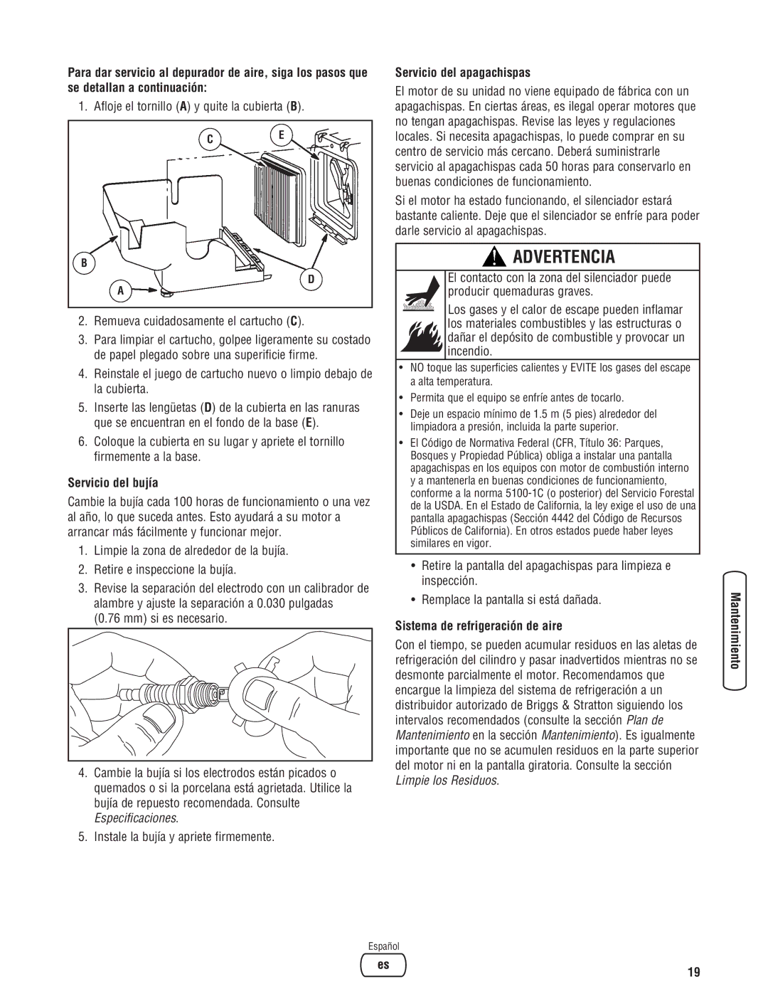 Briggs & Stratton 020324-0 manual Servicio del bujía, Servicio del apagachispas, Sistema de refrigeración de aire 