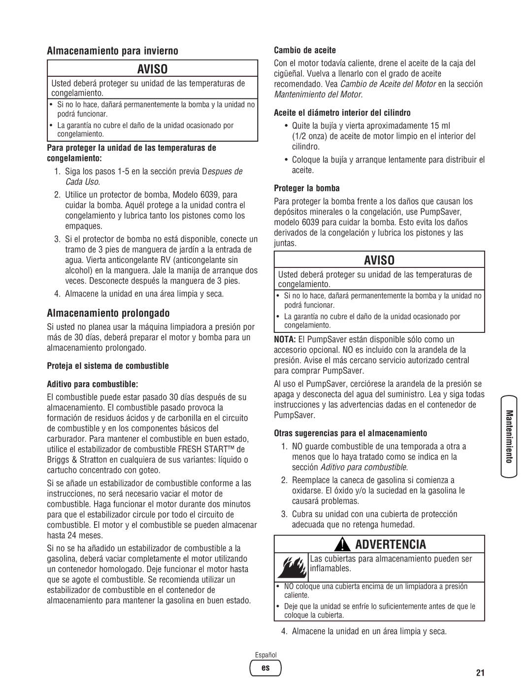 Briggs & Stratton 020324-0 manual Almacenamiento para invierno, Almacenamiento prolongado 