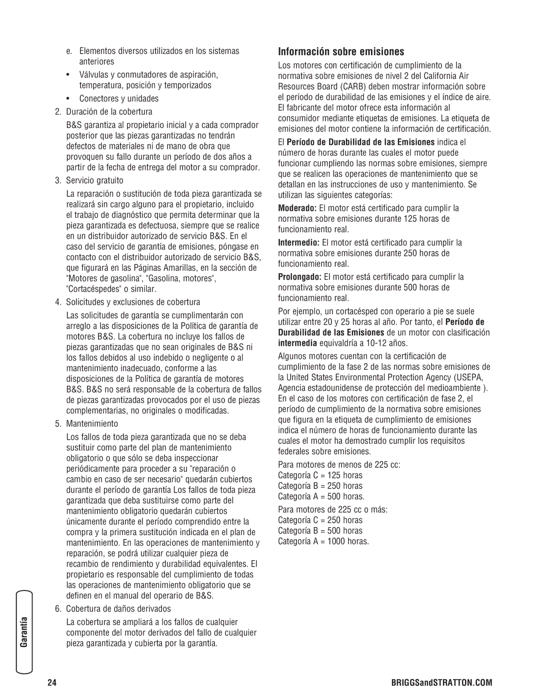 Briggs & Stratton 020324-0 manual Información sobre emisiones 