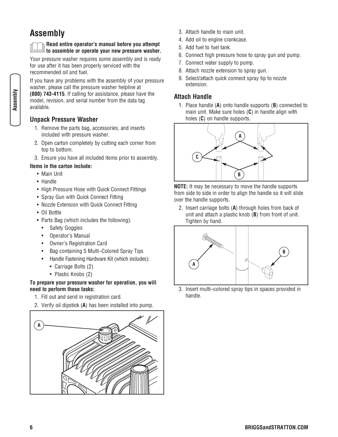 Briggs & Stratton 020324-0 manual Assembly, Unpack Pressure Washer, Attach Handle, Items in the carton include 