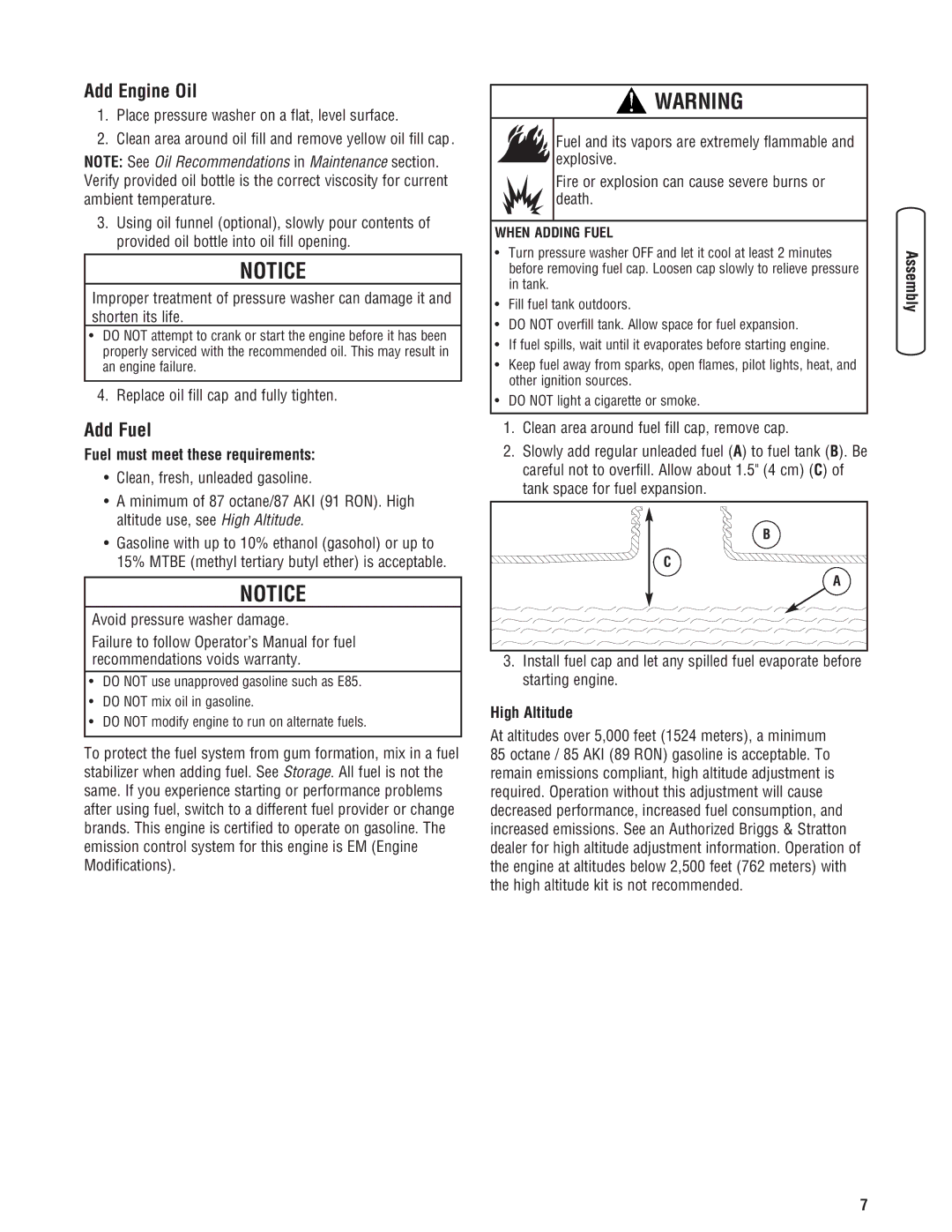 Briggs & Stratton 020324-0 manual Add Engine Oil, Add Fuel, Fuel must meet these requirements, High Altitude 