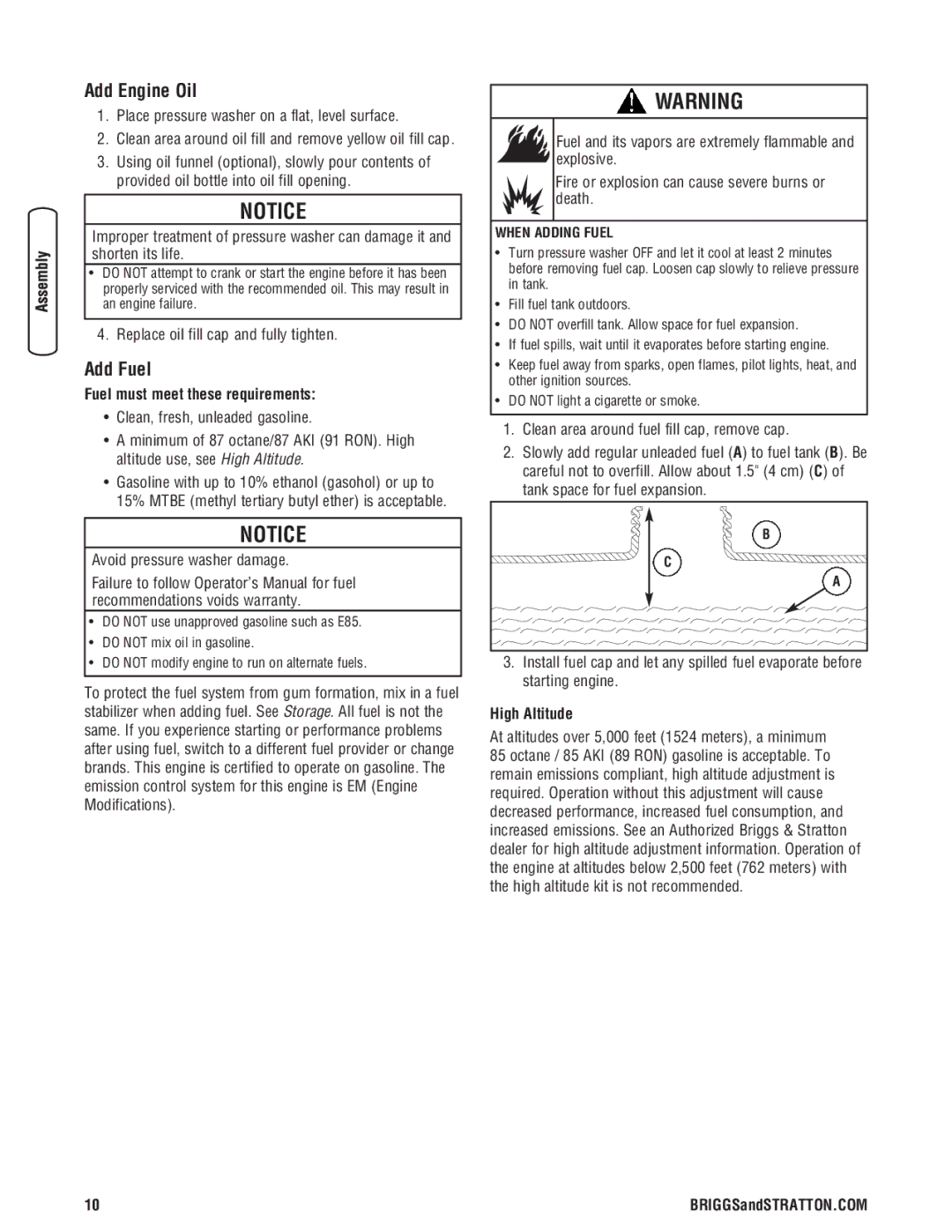 Briggs & Stratton 020364-0 manual Add Engine Oil, Add Fuel, Fuel must meet these requirements, High Altitude 