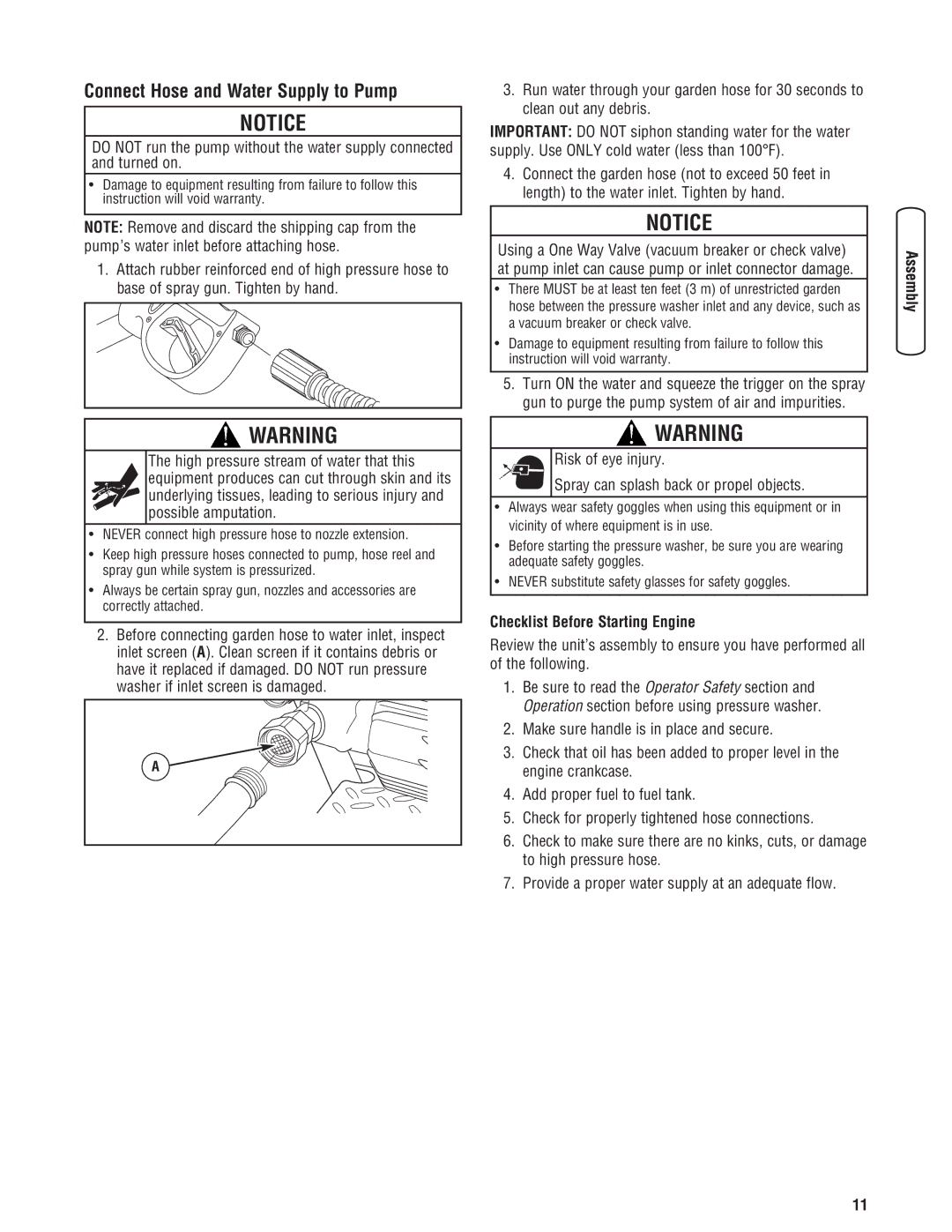 Briggs & Stratton 020364-0 manual Connect Hose and Water Supply to Pump, Checklist Before Starting Engine 