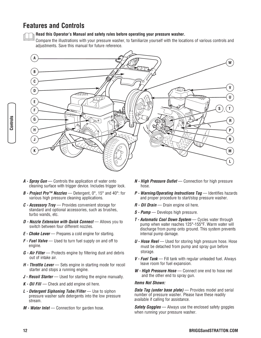 Briggs & Stratton 020364-0 manual Features and Controls, Water Inlet Connection for garden hose 