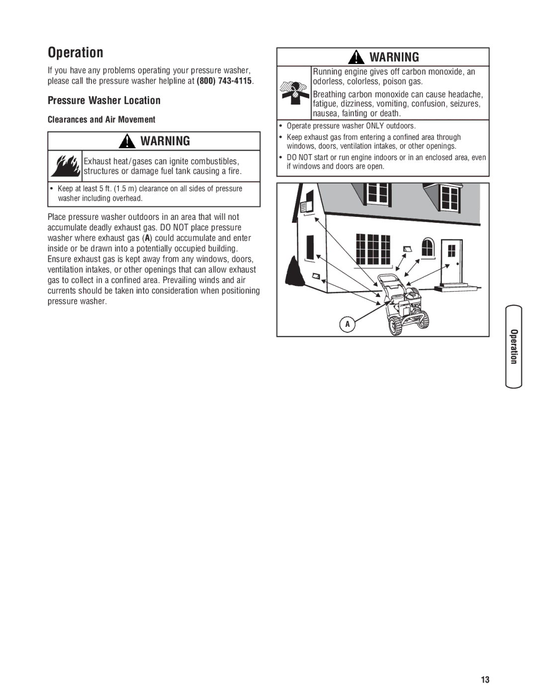 Briggs & Stratton 020364-0 manual Operation, Pressure Washer Location, Clearances and Air Movement 