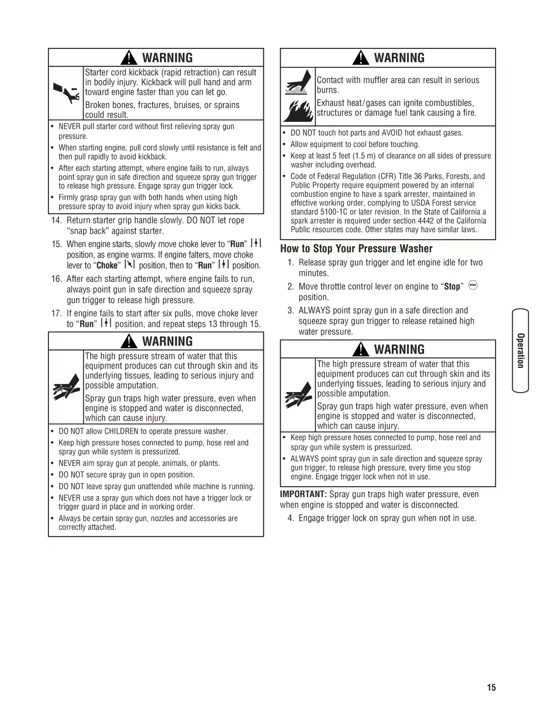 Briggs & Stratton 020364-0 manual How to Stop Your Pressure Washer, Lever to Choke position, then to Run position 