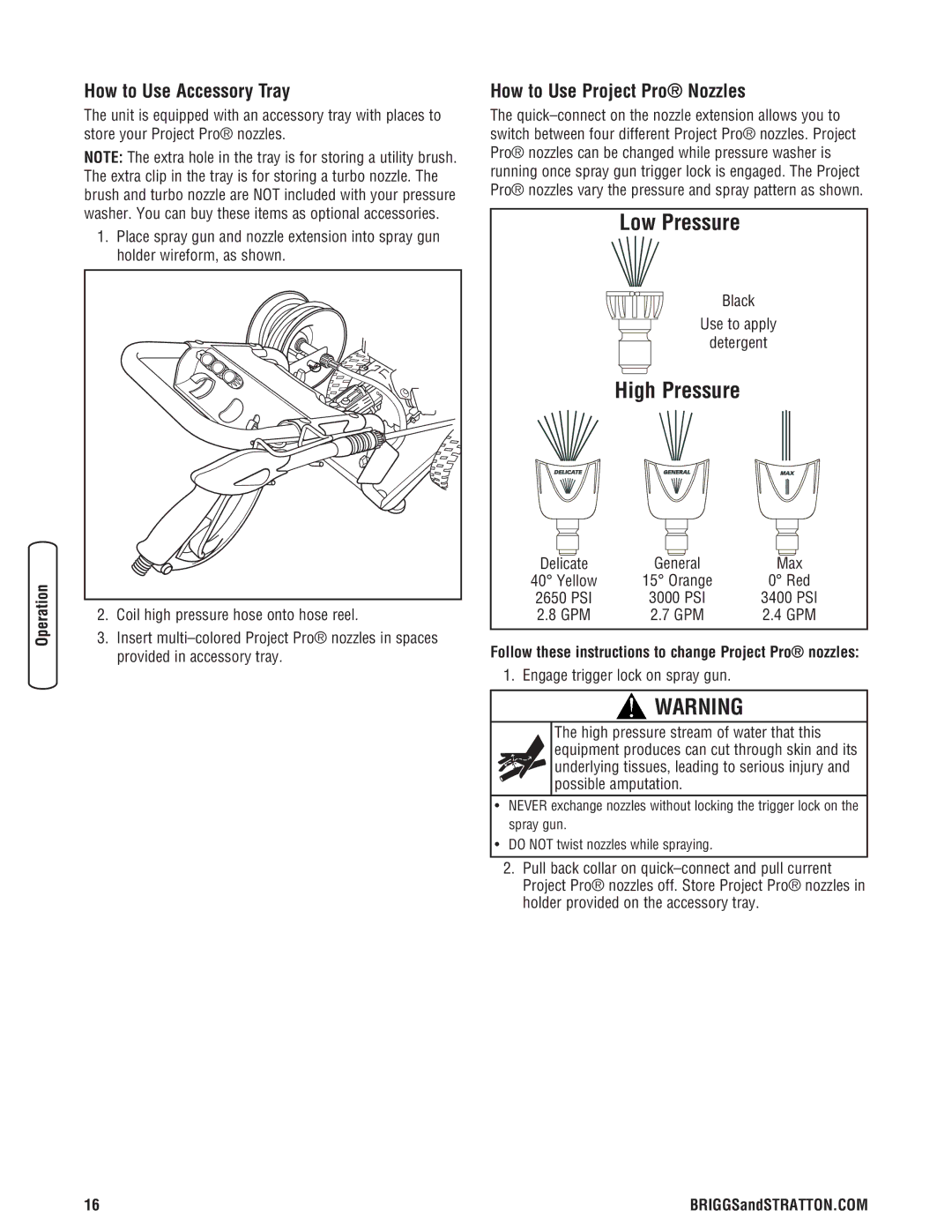 Briggs & Stratton 020364-0 manual How to Use Accessory Tray, How to Use Project Pro Nozzles 