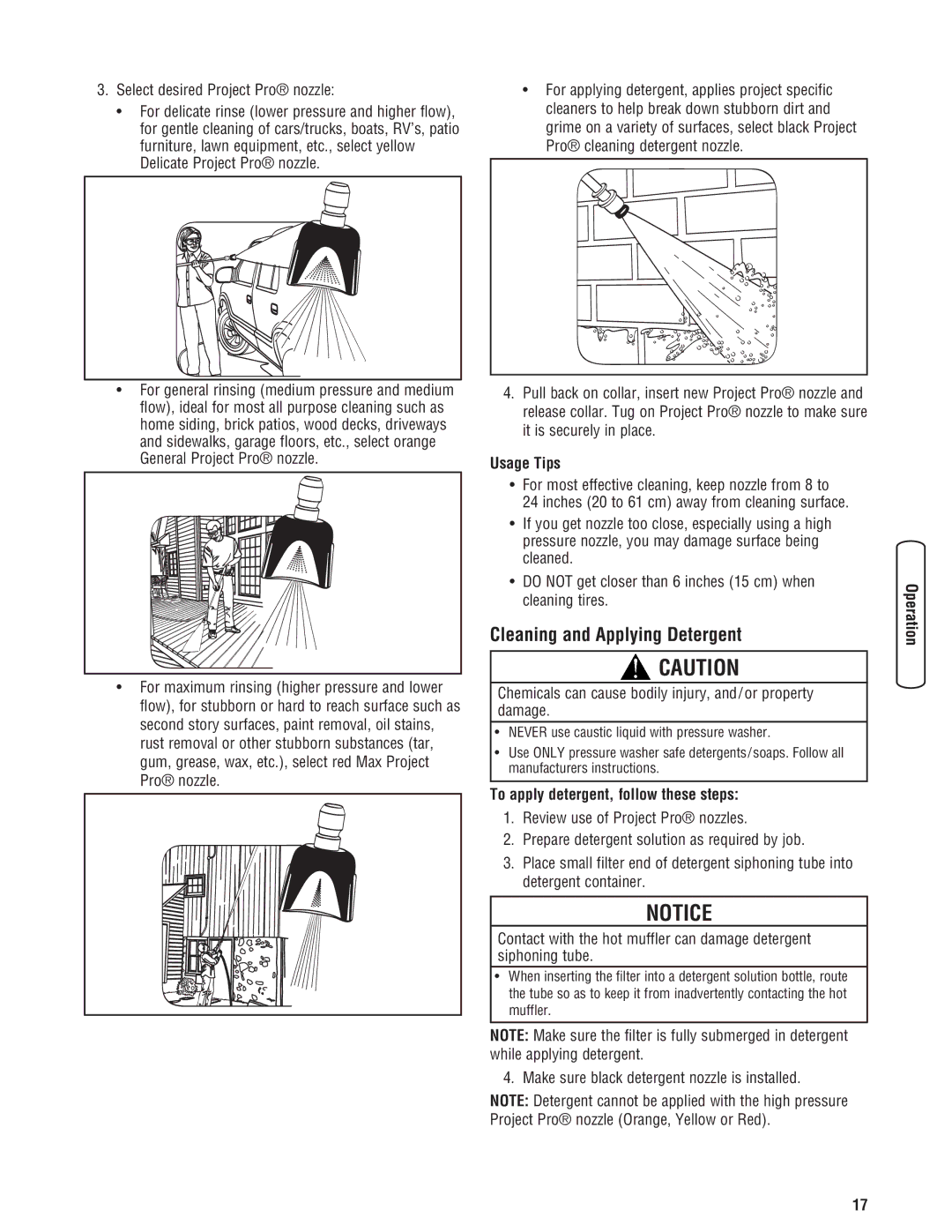 Briggs & Stratton 020364-0 manual Cleaning and Applying Detergent, Usage Tips, To apply detergent, follow these steps 