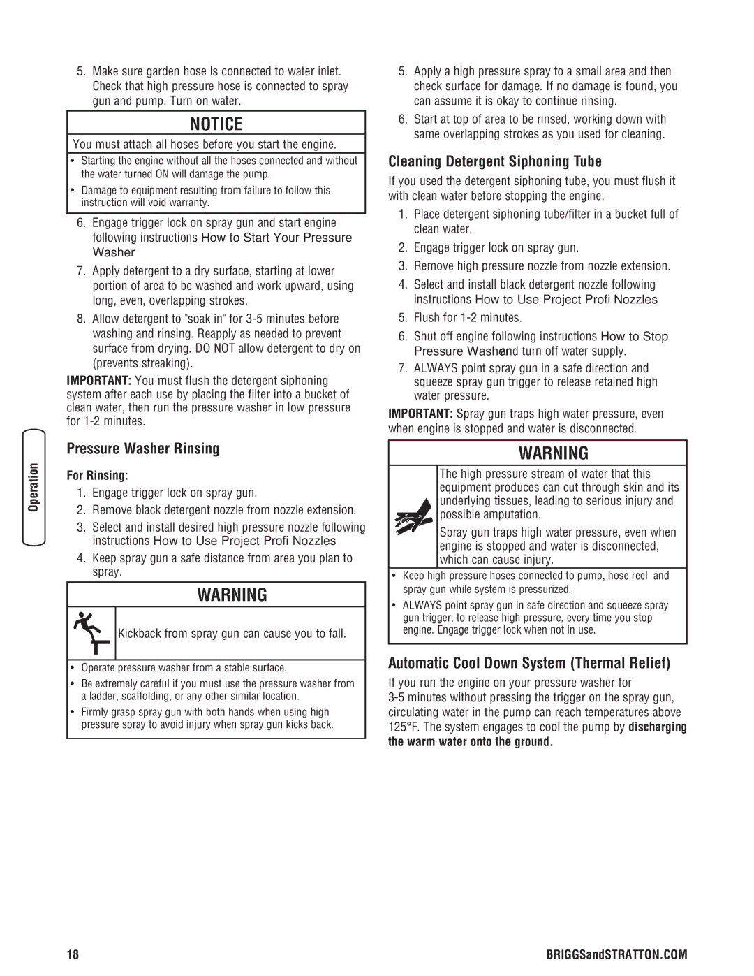 Briggs & Stratton 020364-0 manual Pressure Washer Rinsing, Cleaning Detergent Siphoning Tube, For Rinsing 