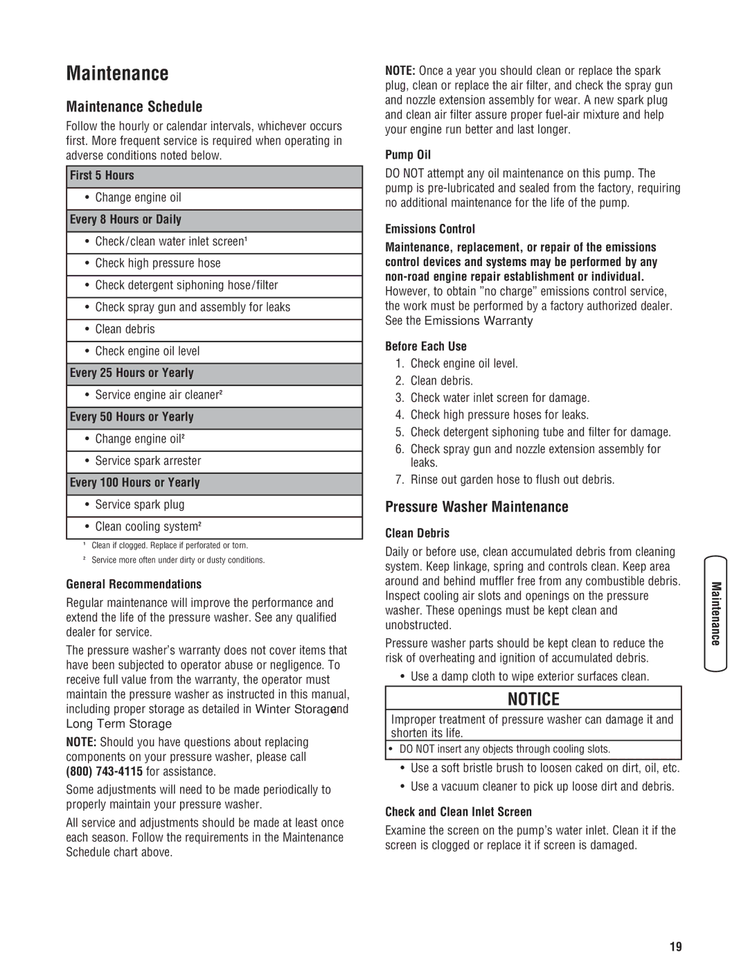 Briggs & Stratton 020364-0 manual Maintenance Schedule, Pressure Washer Maintenance 