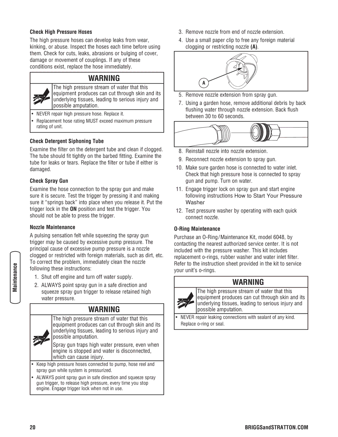 Briggs & Stratton 020364-0 Check High Pressure Hoses, Check Detergent Siphoning Tube, Check Spray Gun, Nozzle Maintenance 