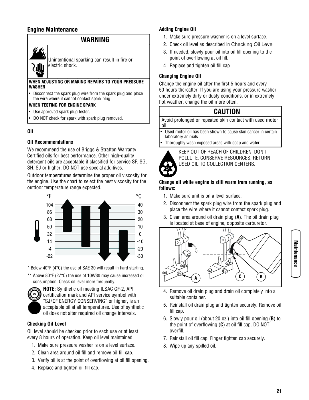 Briggs & Stratton 020364-0 manual Engine Maintenance, Oil Oil Recommendations, Checking Oil Level, Adding Engine Oil 