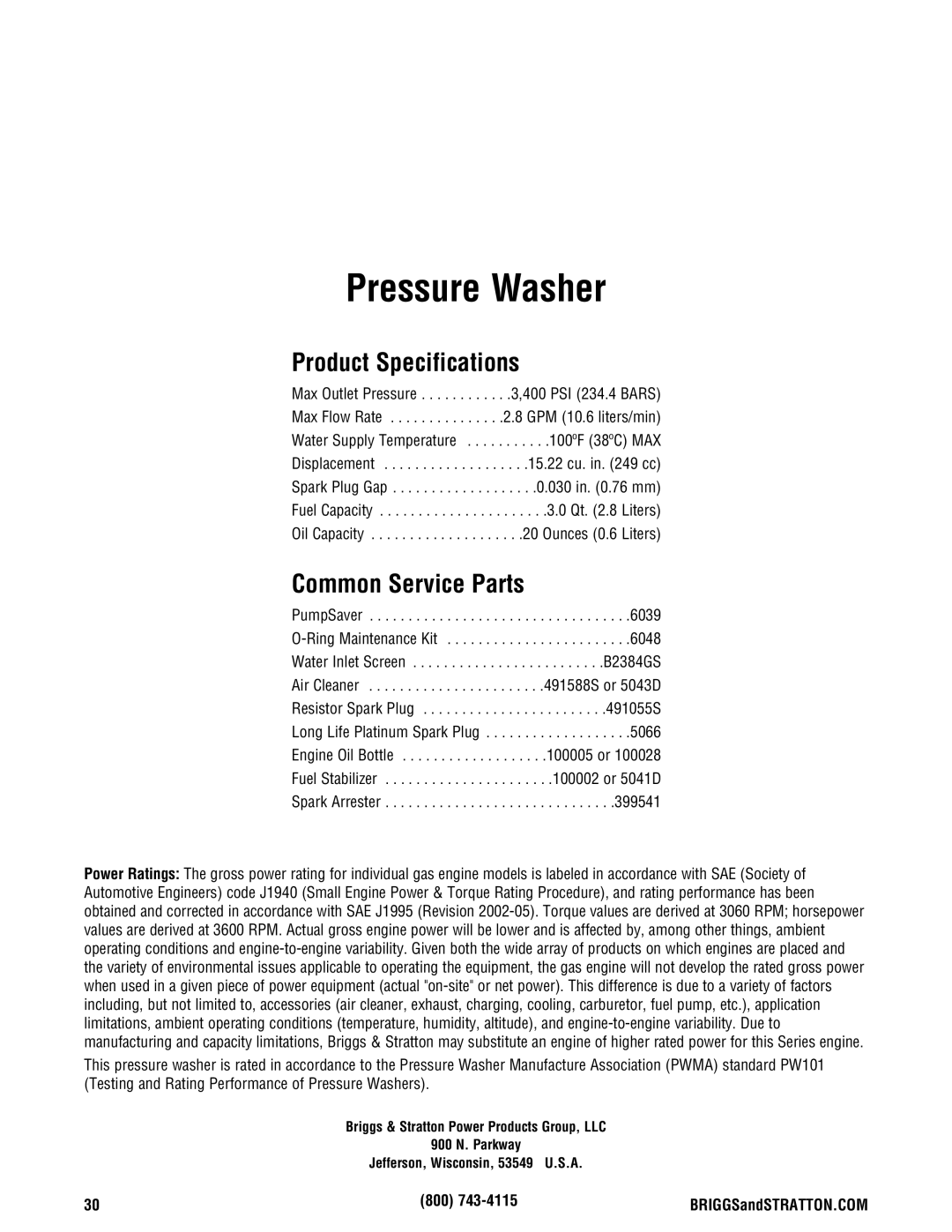 Briggs & Stratton 020364-0 manual Product Specifications, Common Service Parts, 800 