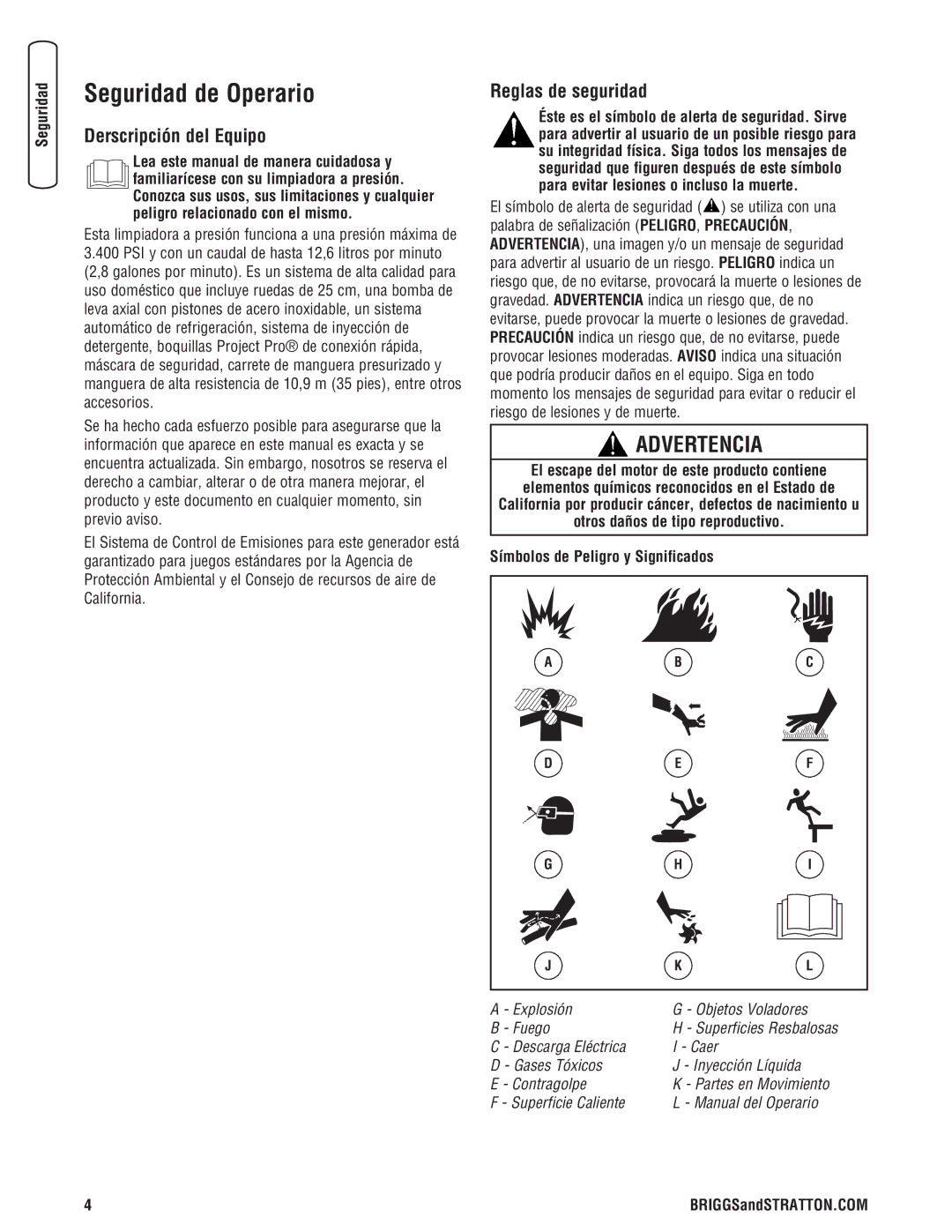 Briggs & Stratton 020364-0 manual Seguridad de Operario, Derscripción del Equipo, Reglas de seguridad 