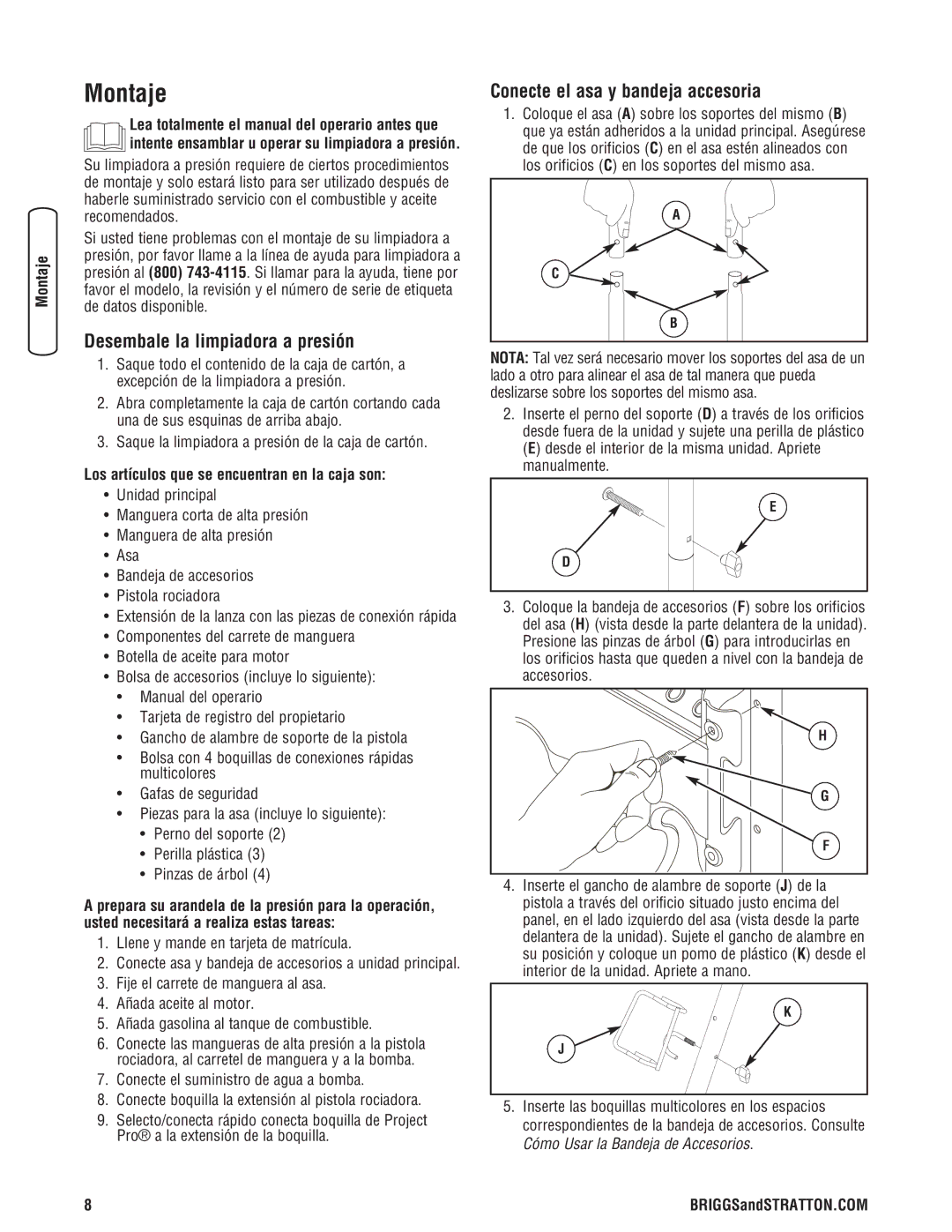 Briggs & Stratton 020364-0 manual Montaje, Desembale la limpiadora a presión, Conecte el asa y bandeja accesoria 