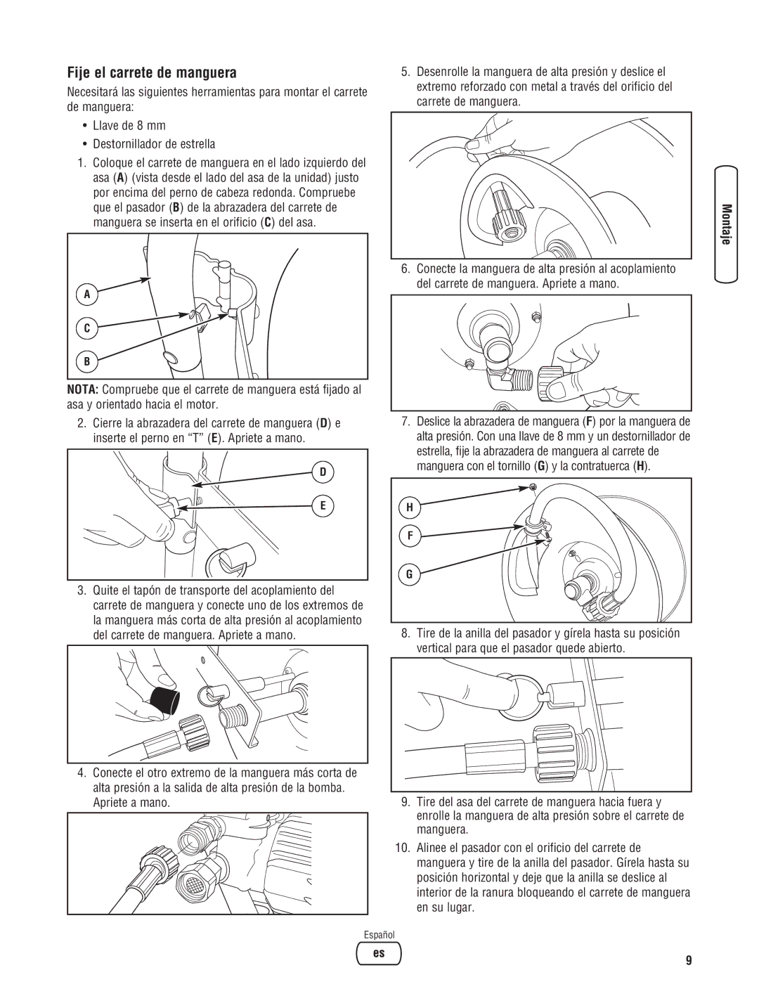 Briggs & Stratton 020364-0 manual Fije el carrete de manguera 