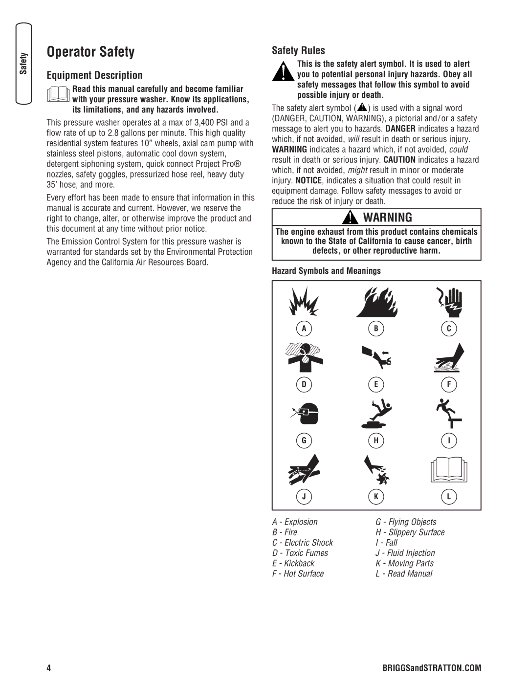 Briggs & Stratton 020364-0 manual Operator Safety, Equipment Description, Safety Rules, Hazard Symbols and Meanings 