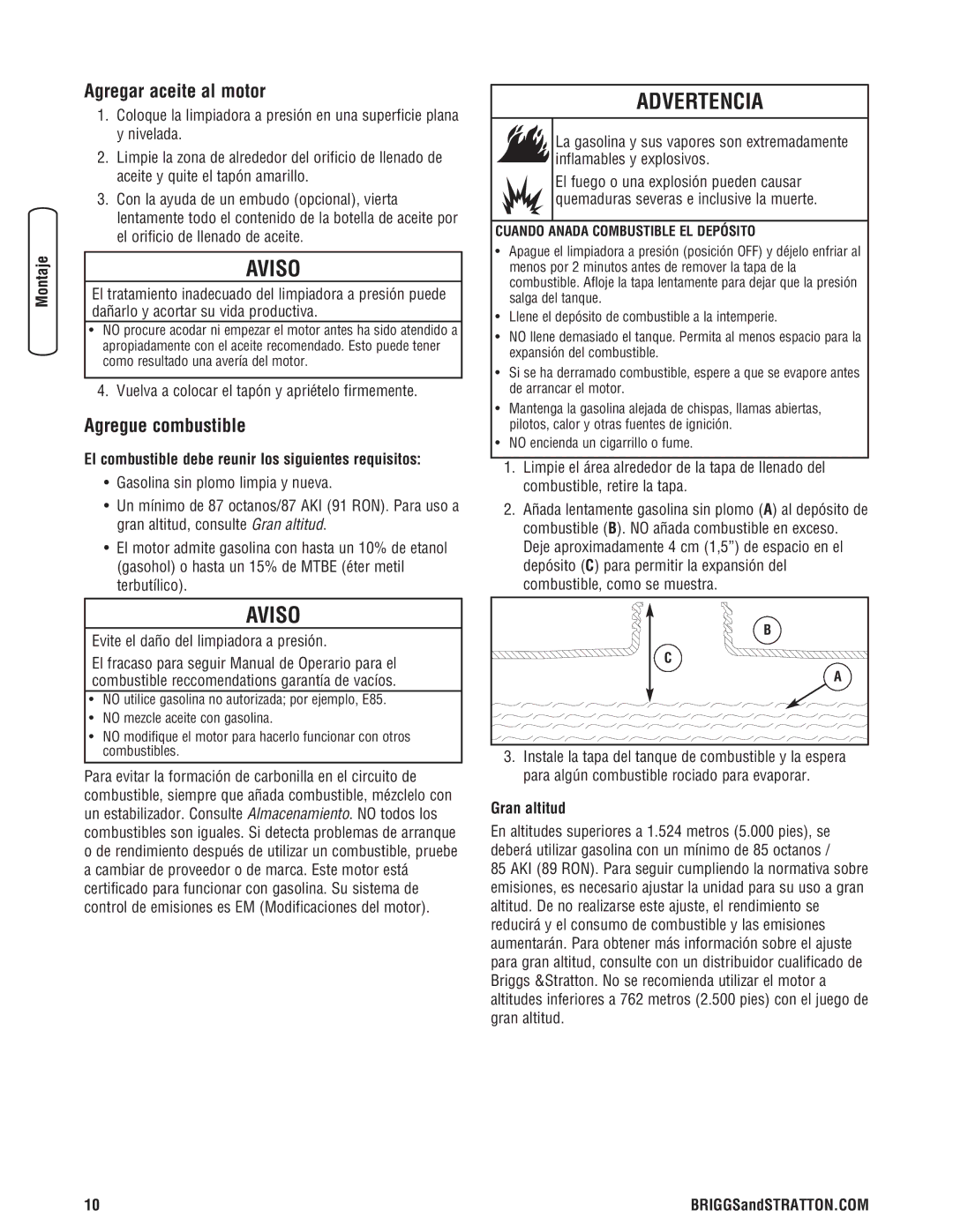 Briggs & Stratton 020364-0 manual Agregar aceite al motor, Agregue combustible, Gran altitud 