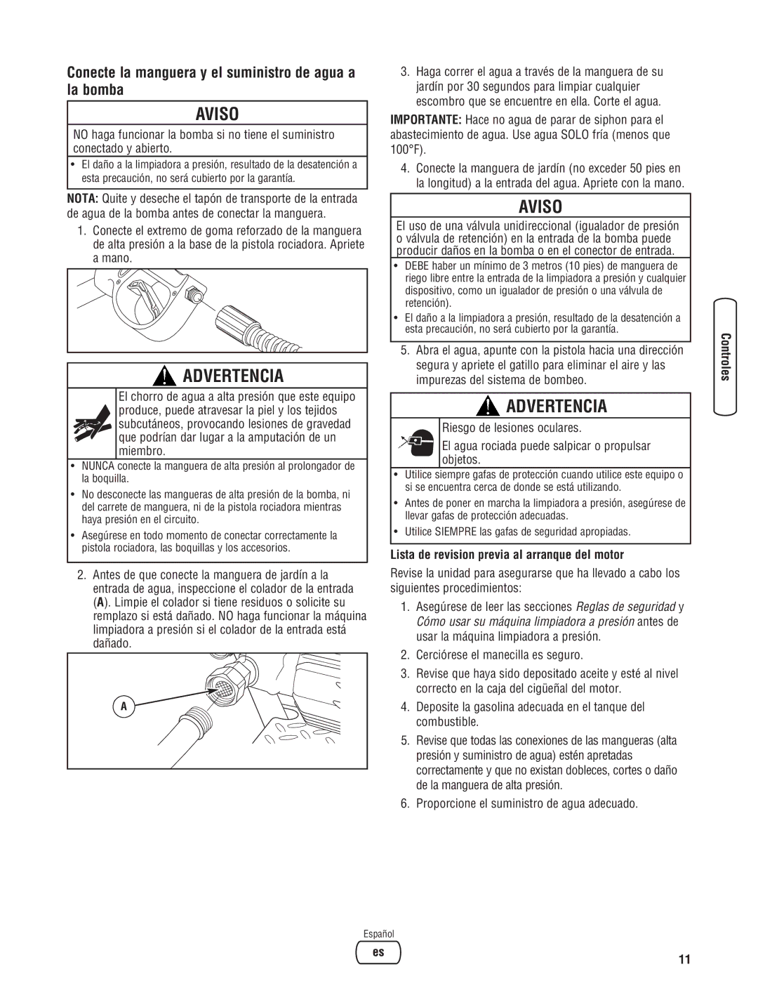 Briggs & Stratton 020364-0 manual Conecte la manguera y el suministro de agua a la bomba 