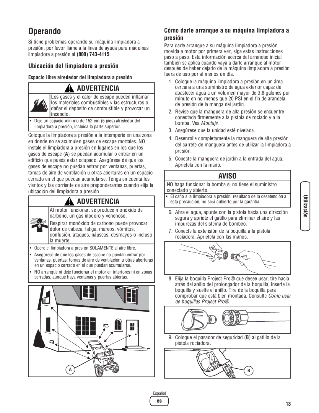 Briggs & Stratton 020364-0 manual Operando, Presión, Ubicación del limpiadora a presión 