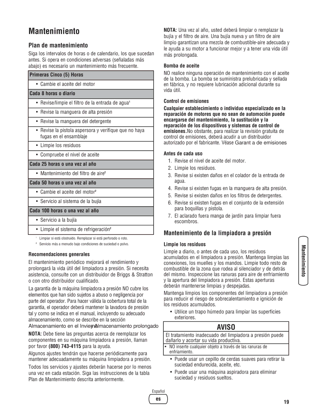 Briggs & Stratton 020364-0 manual Plan de mantenimiento, Mantenimiento de la limpiadora a presión 