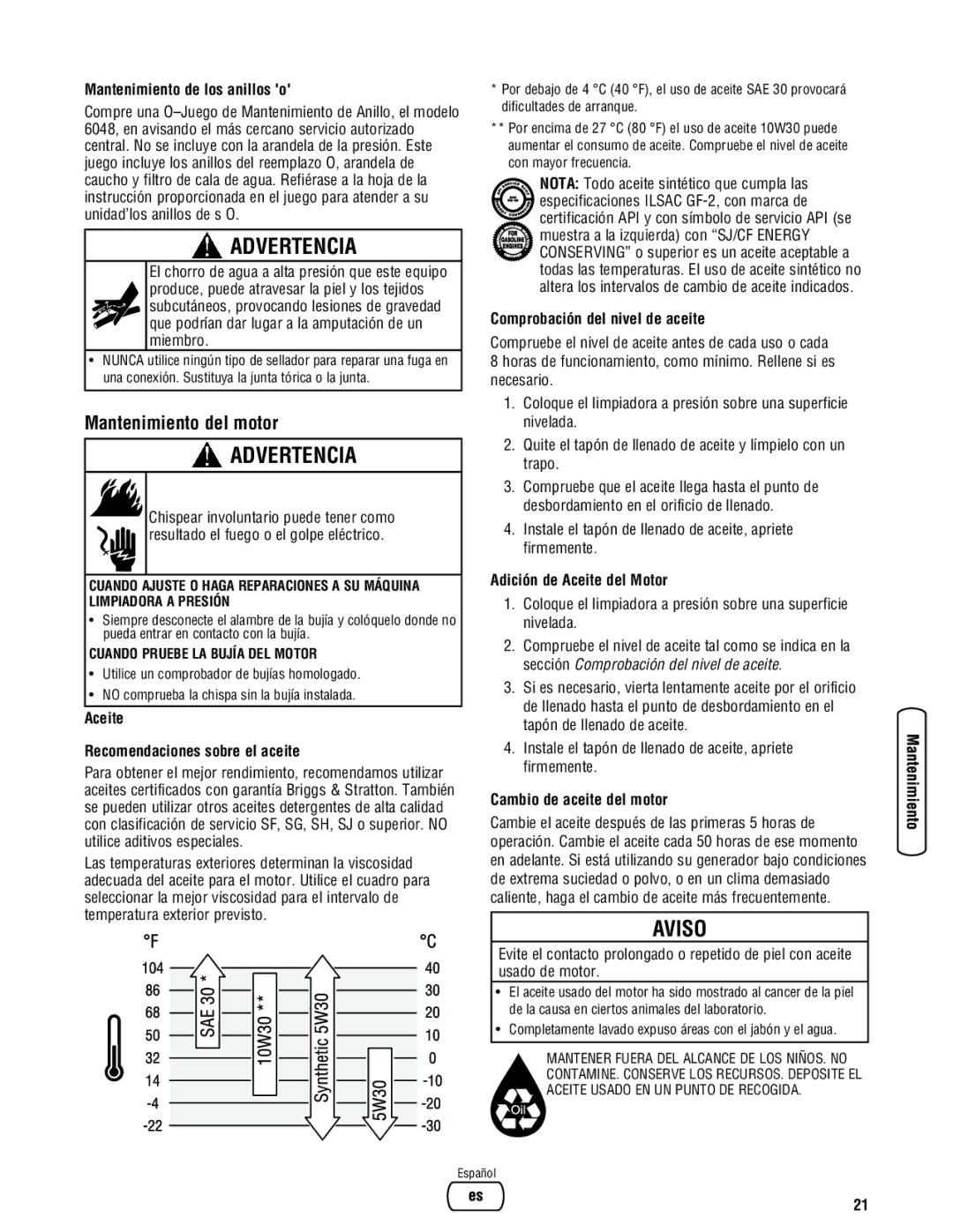 Briggs & Stratton 020364-0 manual Mantenimiento del motor 