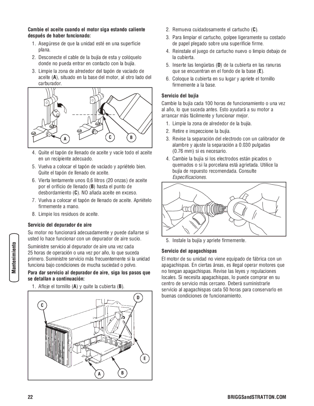 Briggs & Stratton 020364-0 manual Asegúrese de que la unidad esté en una superficie plana, Servicio del depurador de aire 