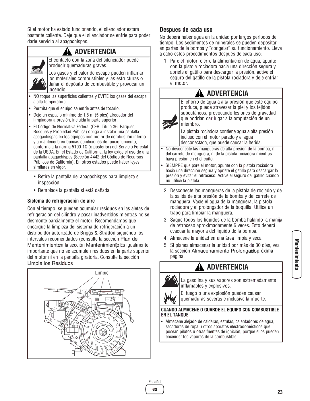 Briggs & Stratton 020364-0 manual Despues de cada uso, Sistema de refrigeración de aire, Limpie 