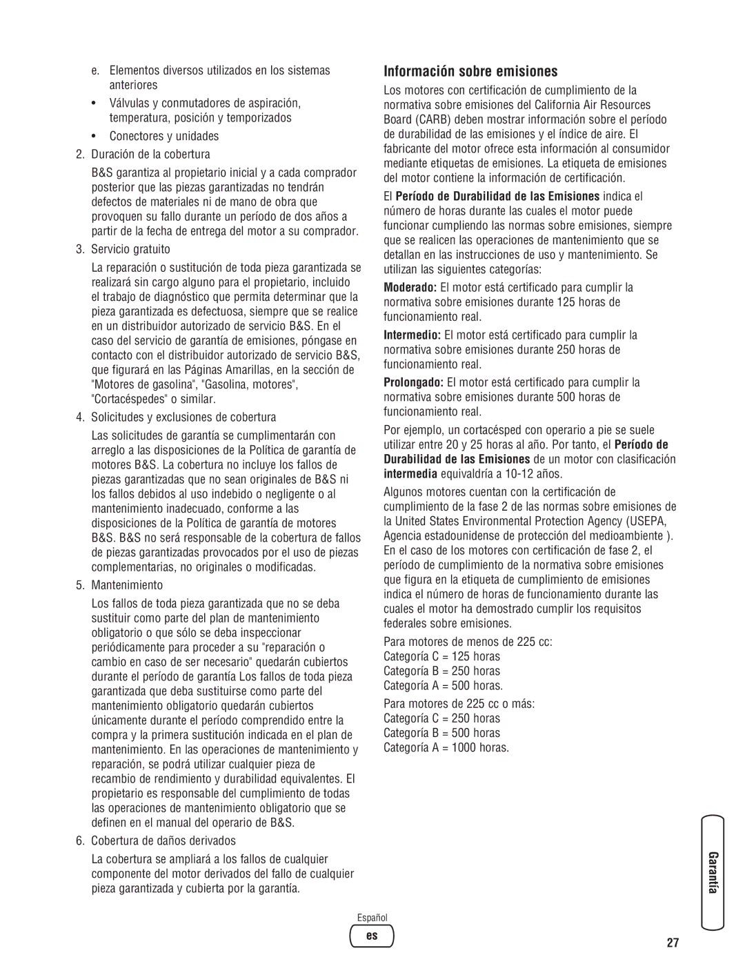 Briggs & Stratton 020364-0 manual Información sobre emisiones 