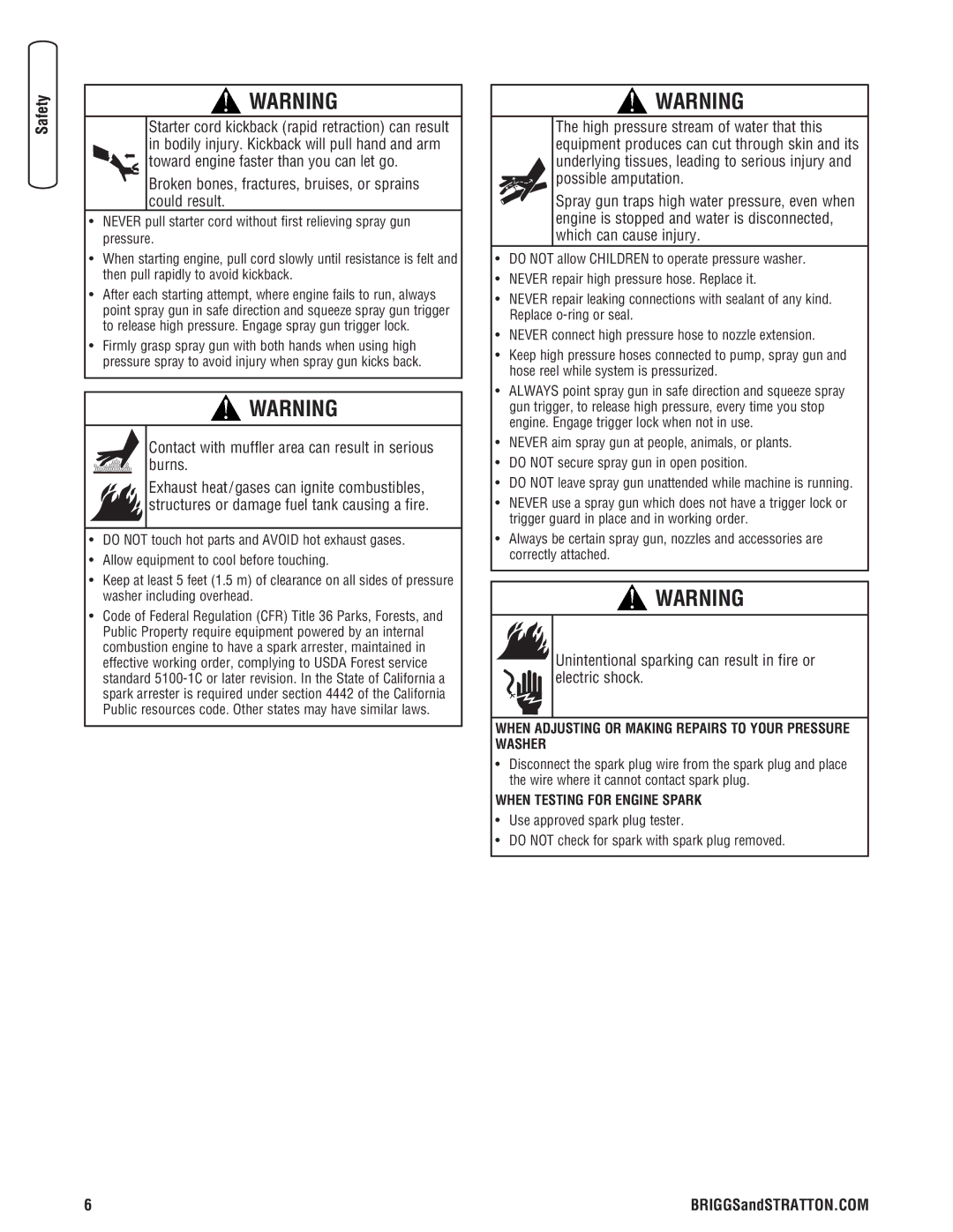 Briggs & Stratton 020364-0 manual Broken bones, fractures, bruises, or sprains could result 