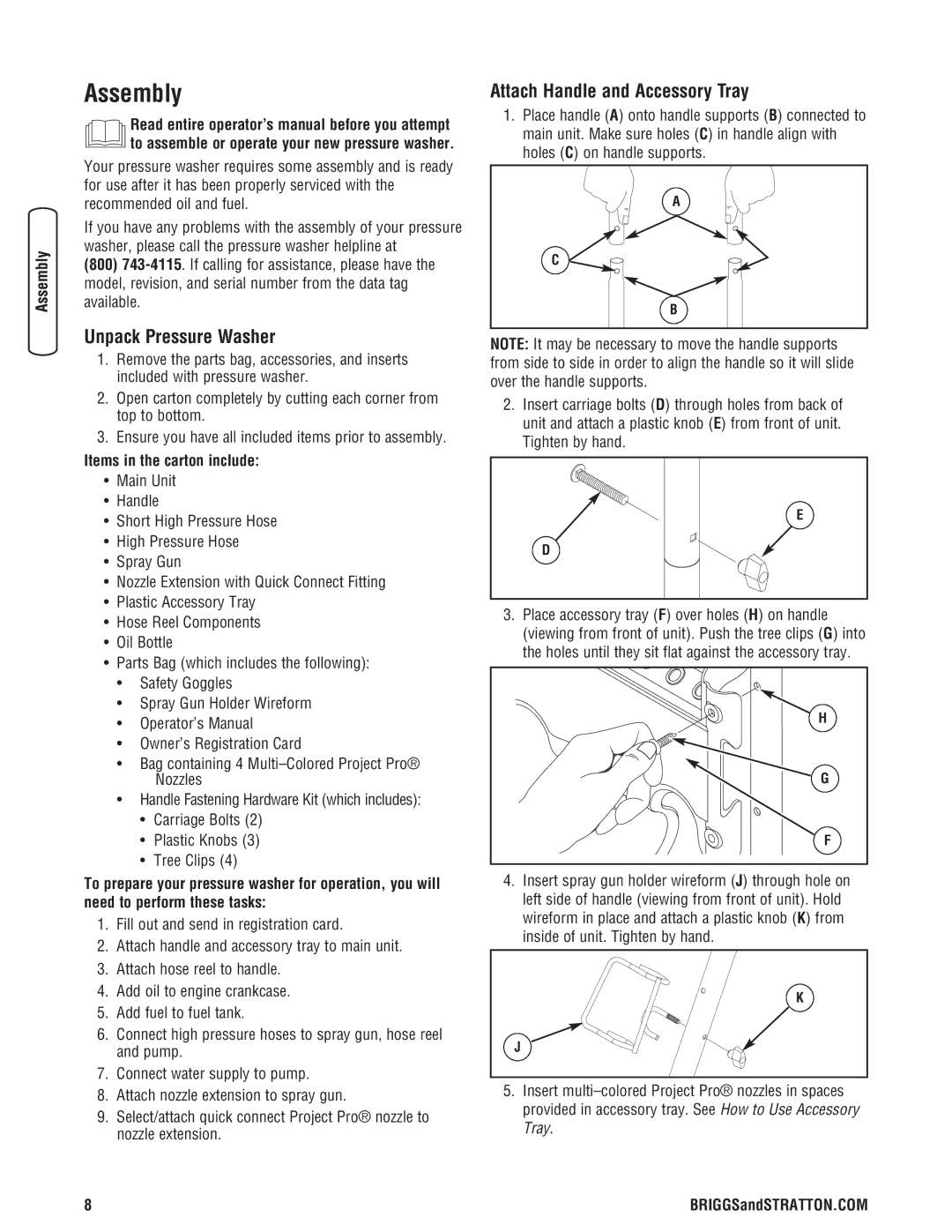 Briggs & Stratton 020364-0 Assembly, Unpack Pressure Washer, Attach Handle and Accessory Tray, Items in the carton include 