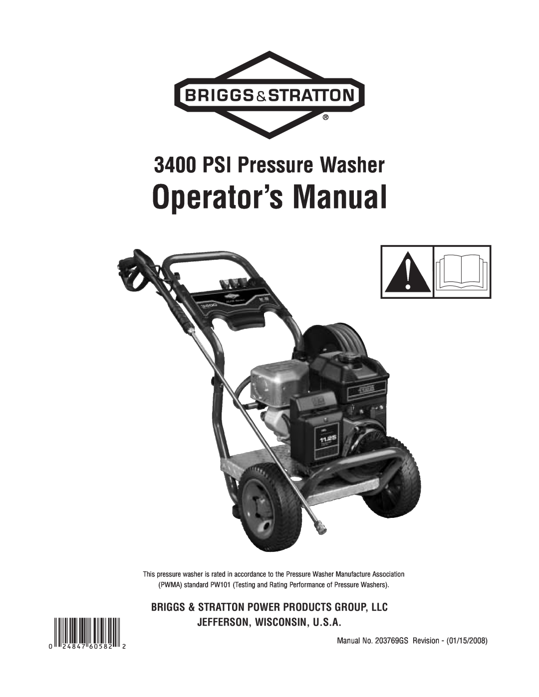 Briggs & Stratton 020364-0 manual Operator’s Manual, PSI Pressure Washer 