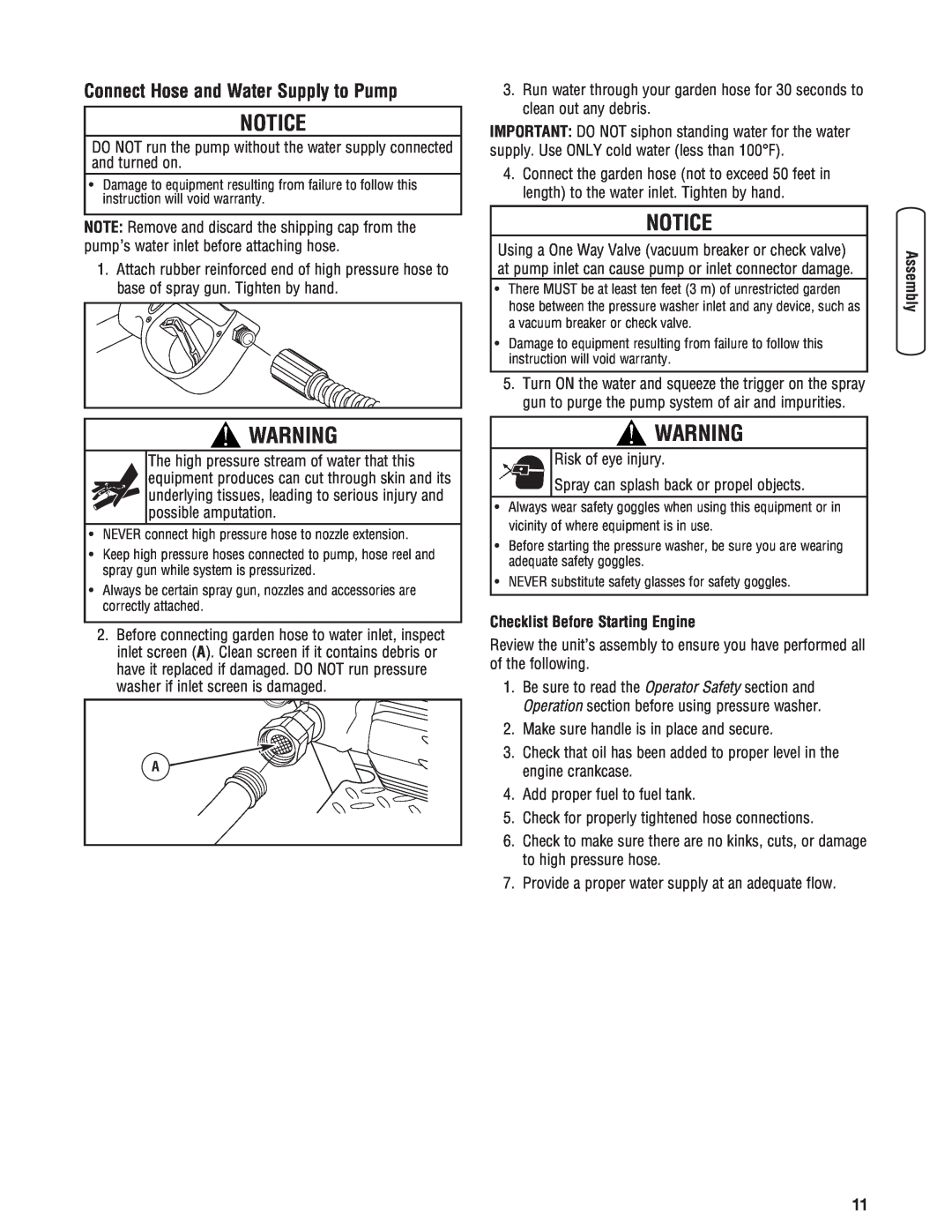 Briggs & Stratton 020364-0 manual Notice, Connect Hose and Water Supply to Pump, Checklist Before Starting Engine 