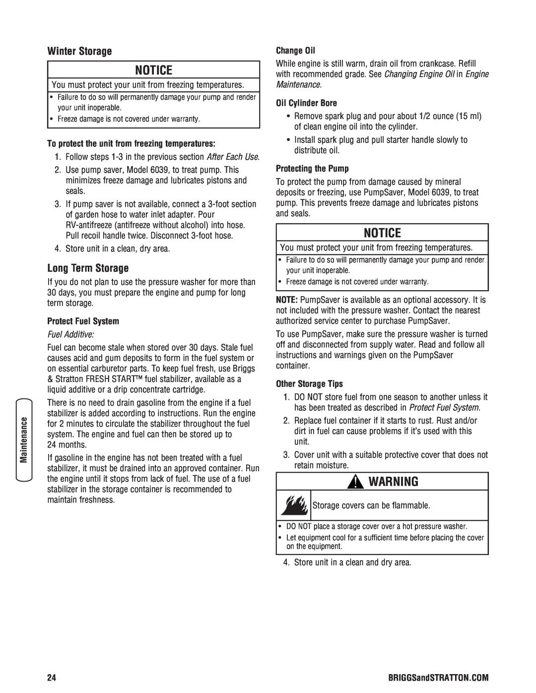 Briggs & Stratton 020364-0 manual Notice, To protect the unit from freezing temperatures, Protect Fuel System, Change Oil 