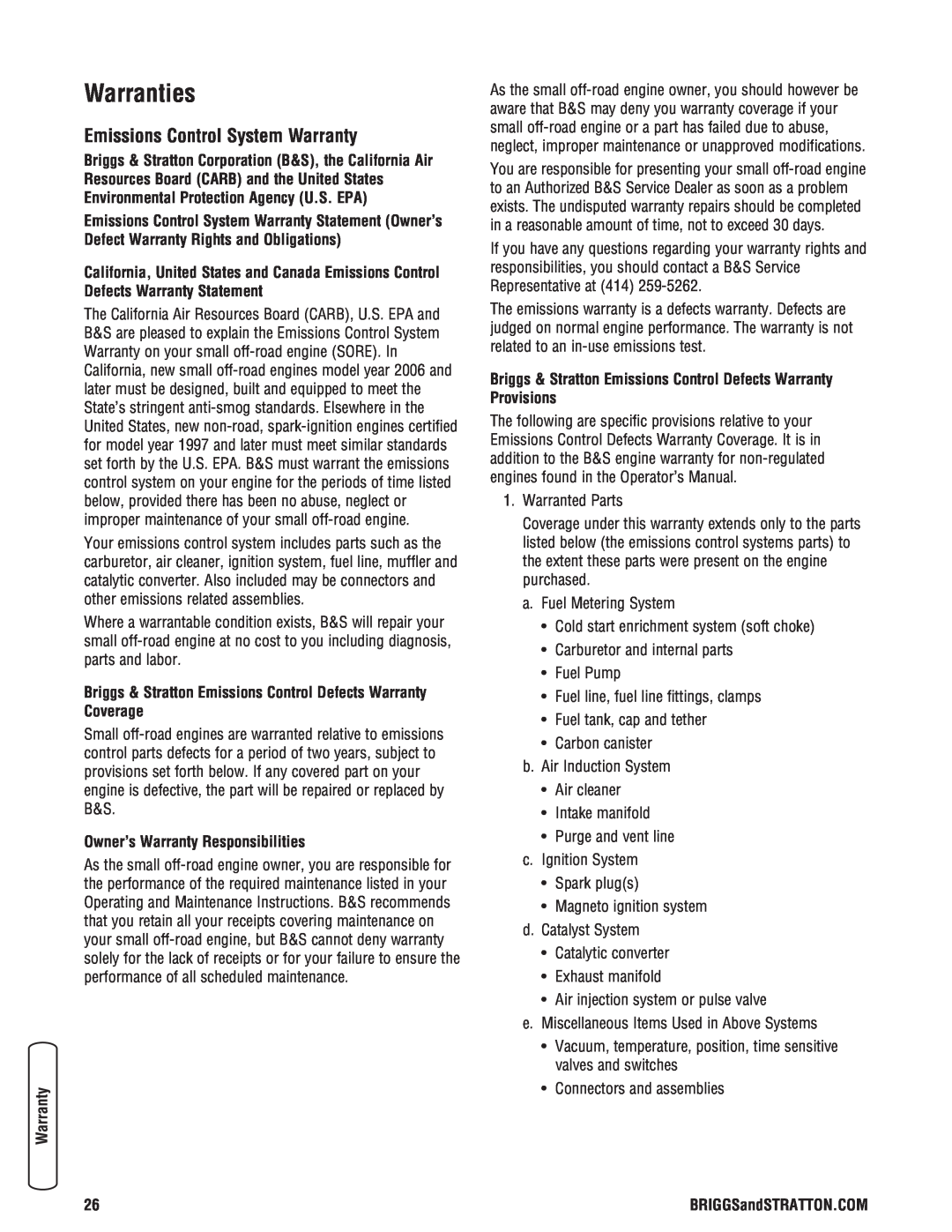 Briggs & Stratton 020364-0 manual Warranties, Emissions Control System Warranty, Owner’s Warranty Responsibilities 
